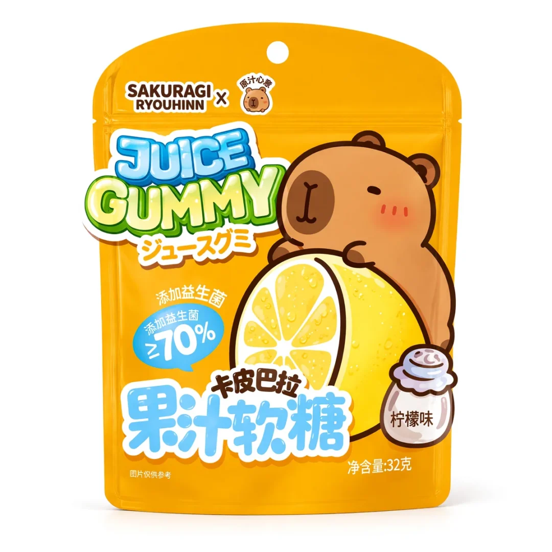 Bala de Gelatina Juice Gummy Sakuragi Sabor Limão com Sal de 32 g, foto de estúdio recriada por IA a partir de foto real