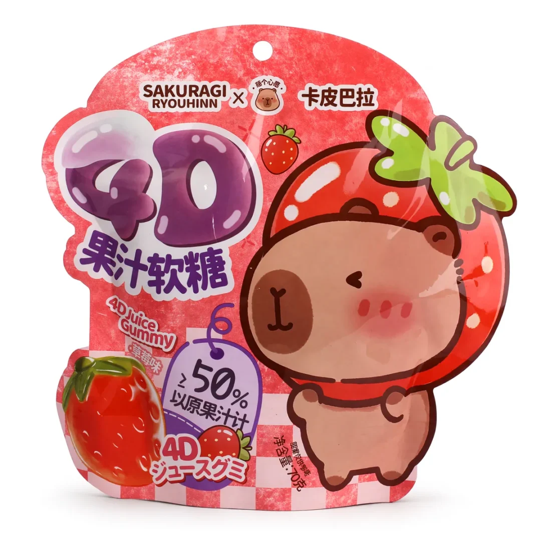 Bala Gelatina 4D Sakuragi Sabor Morango de 50 g, foto de estúdio recriada por IA a partir de foto real