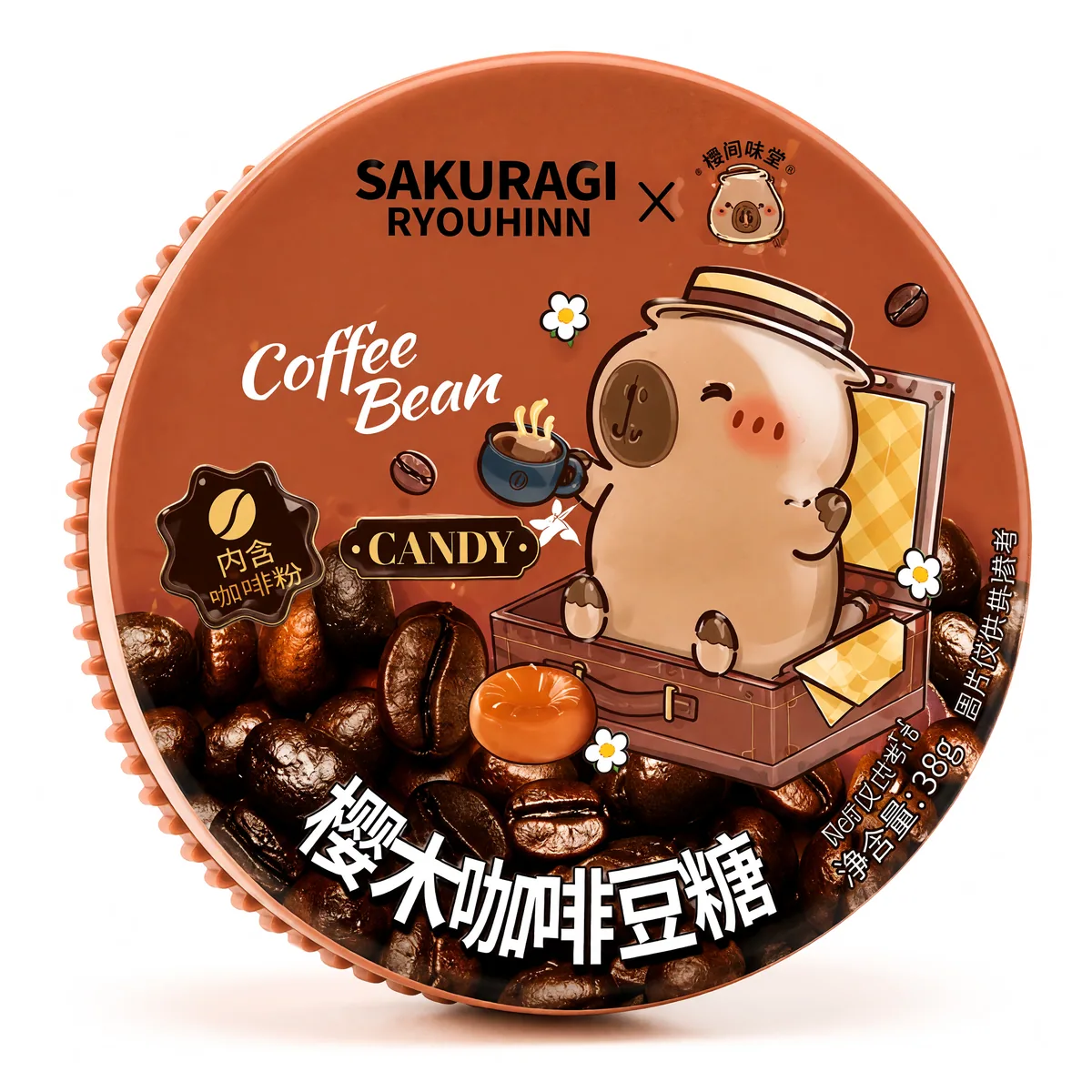 Bala Hortelã Sakuragi Sabor Café de 16 g, foto de estúdio recriada por IA a partir de foto real