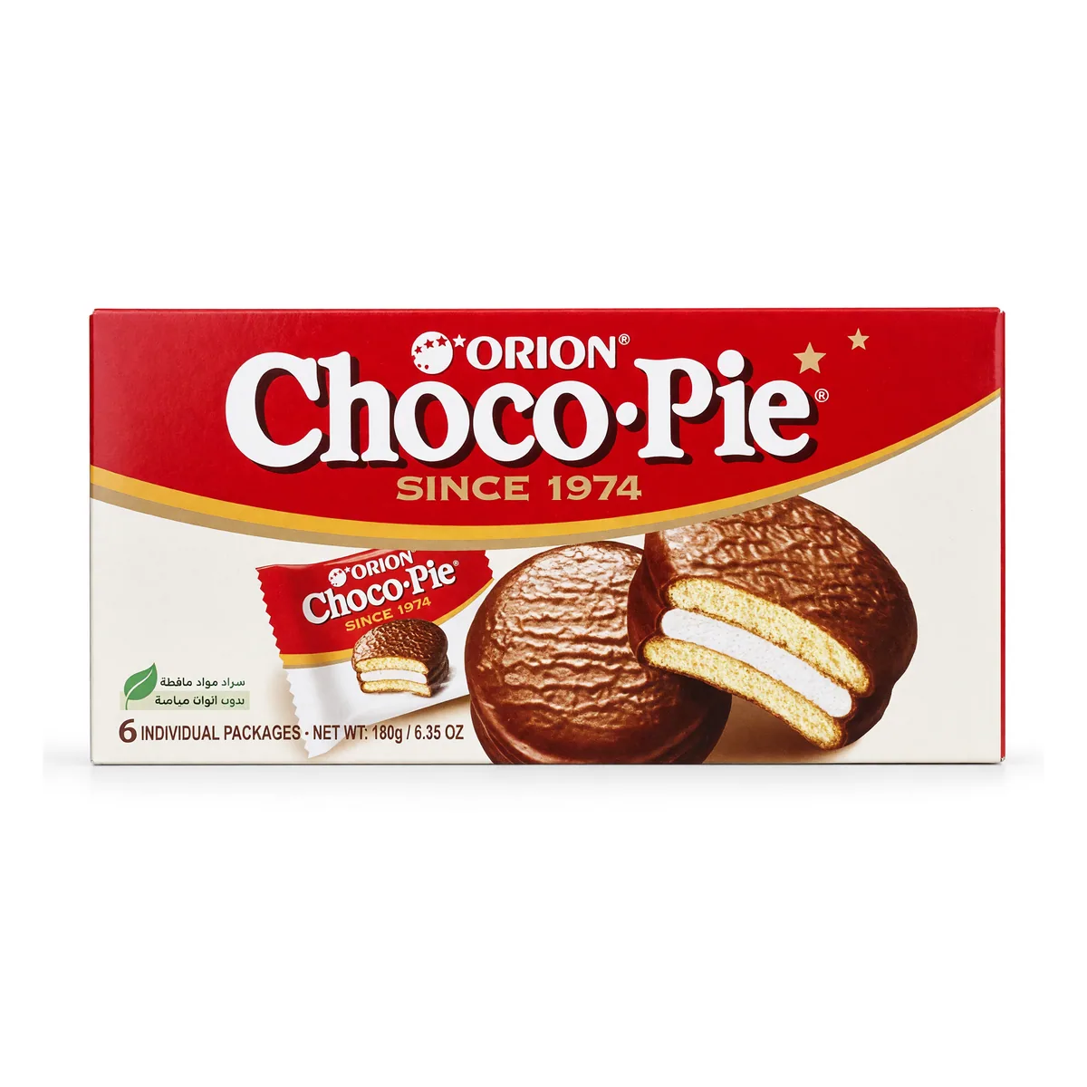 Biscoito Choco Pie Orion Sabor Chocolate de 180 g, foto de estúdio recriada por IA a partir de foto real