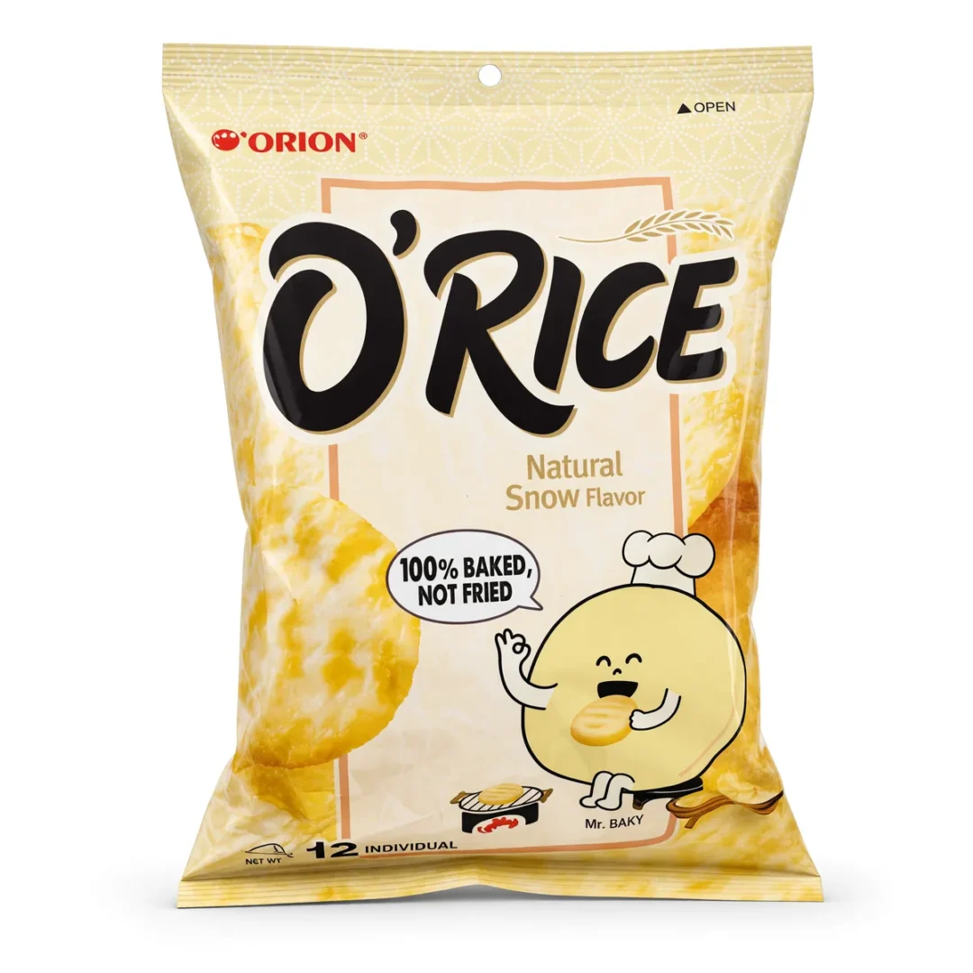 Biscoito O'Rice Orion Natural de 129 g, foto de estúdio recriada por IA a partir de foto real
