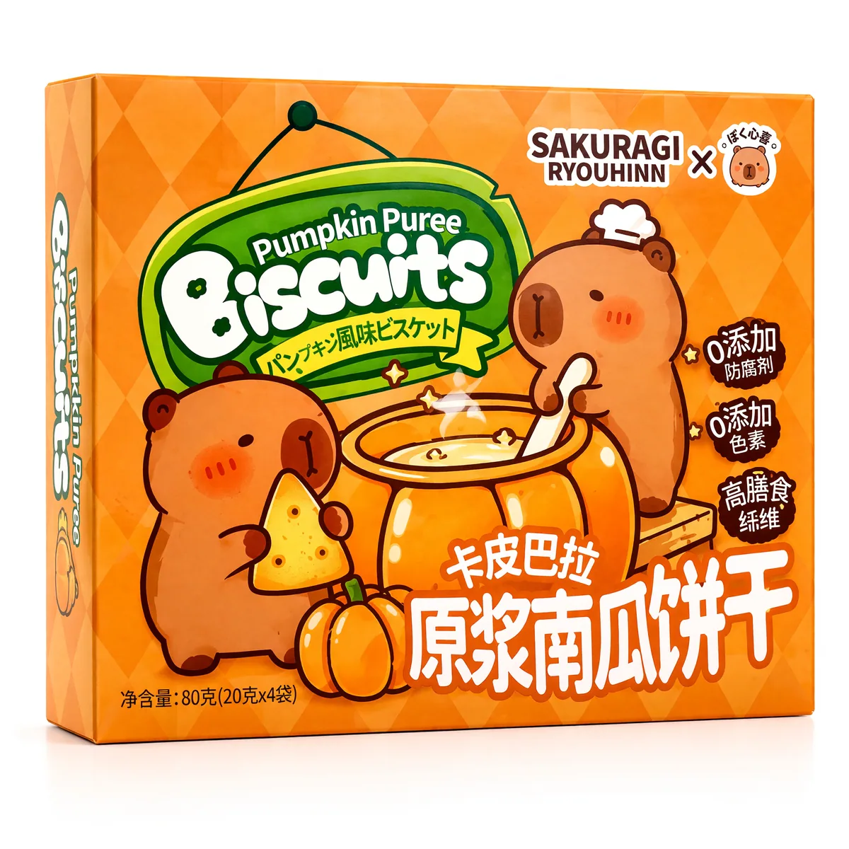 Biscoito Sakuragi Sabor Abóbora de 80 g, foto de estúdio recriada por IA a partir de foto real