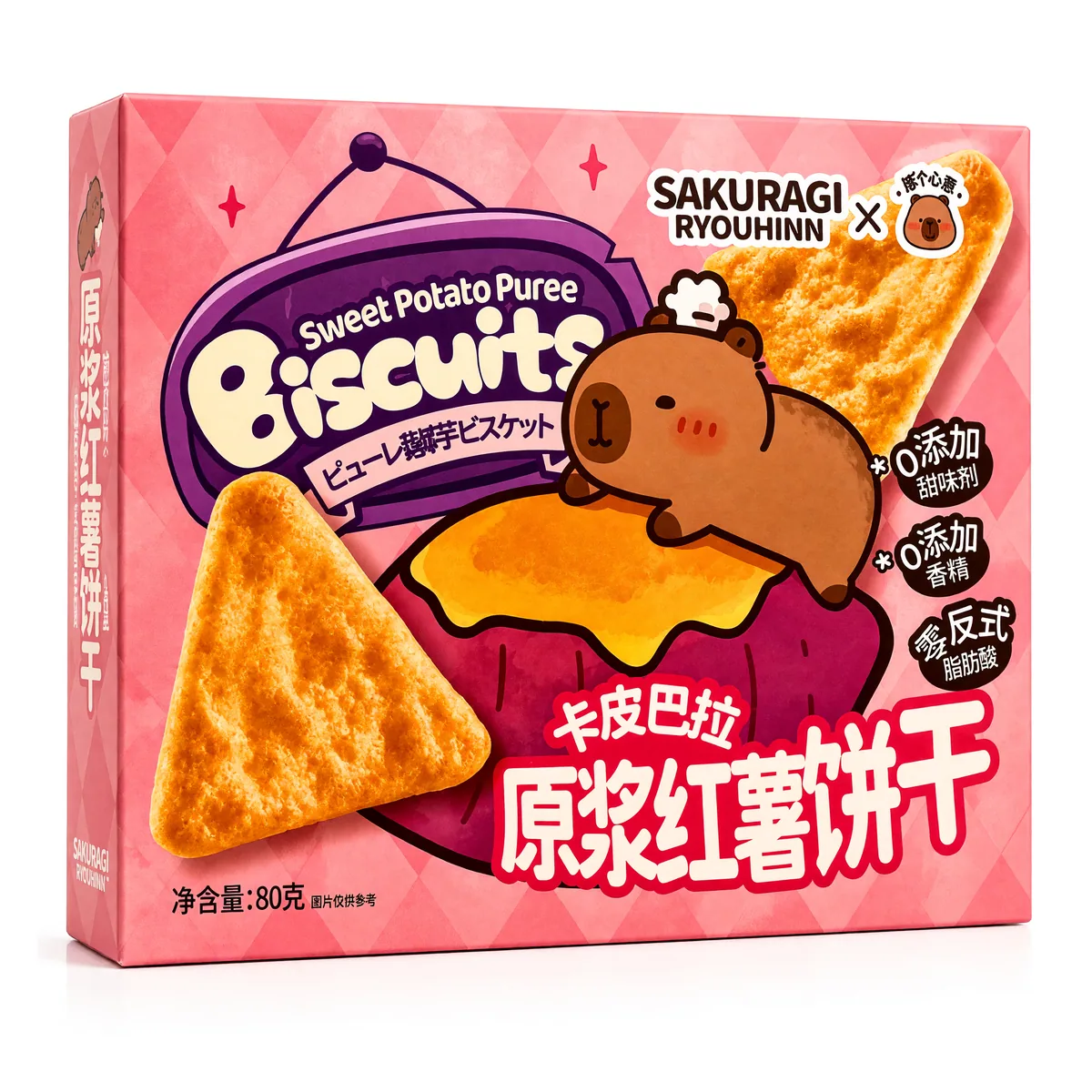 Biscoito Sakuragi Sabor Batata Doce de 80 g, foto de estúdio recriada por IA a partir de foto real
