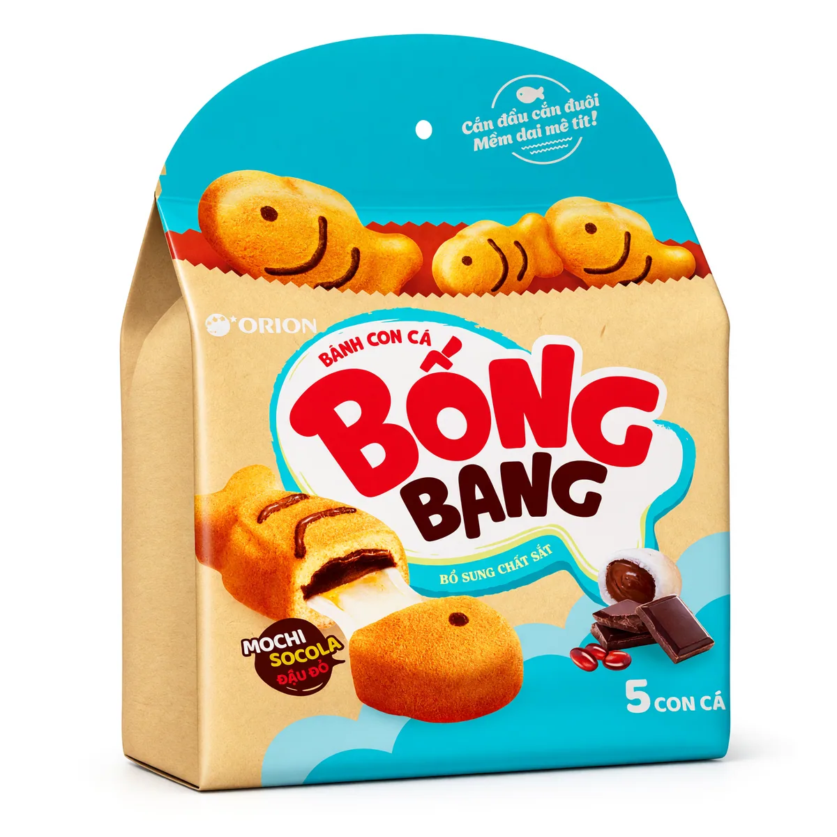 Bolinho BongBang Orion Sabor Chocolate com Feijão Vermelho de 140 g, foto de estúdio recriada por IA a partir de foto real