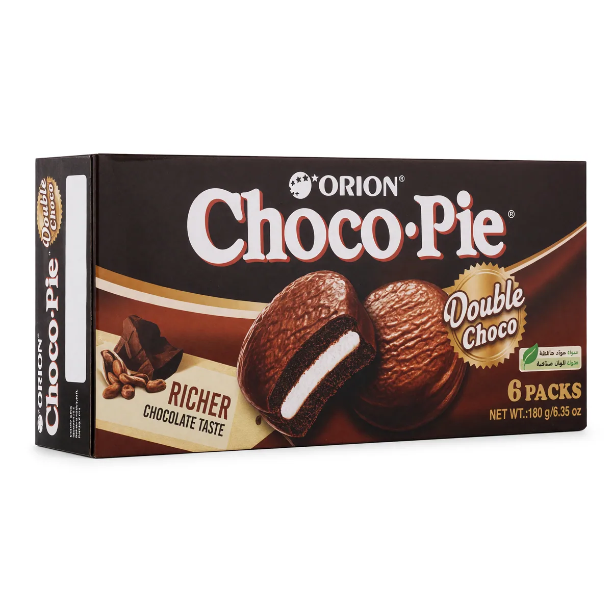 Doce Choco Pie Orion Sabor Chocolate Duplo de 180 g, foto de estúdio recriada por IA a partir de foto real