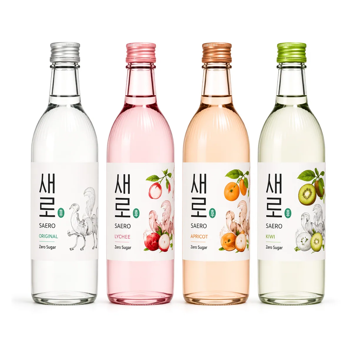 Kit com 4 Soju Saero Lotte Sabores Sortidos de 360 ml, foto de estúdio recriada por IA a partir de foto real