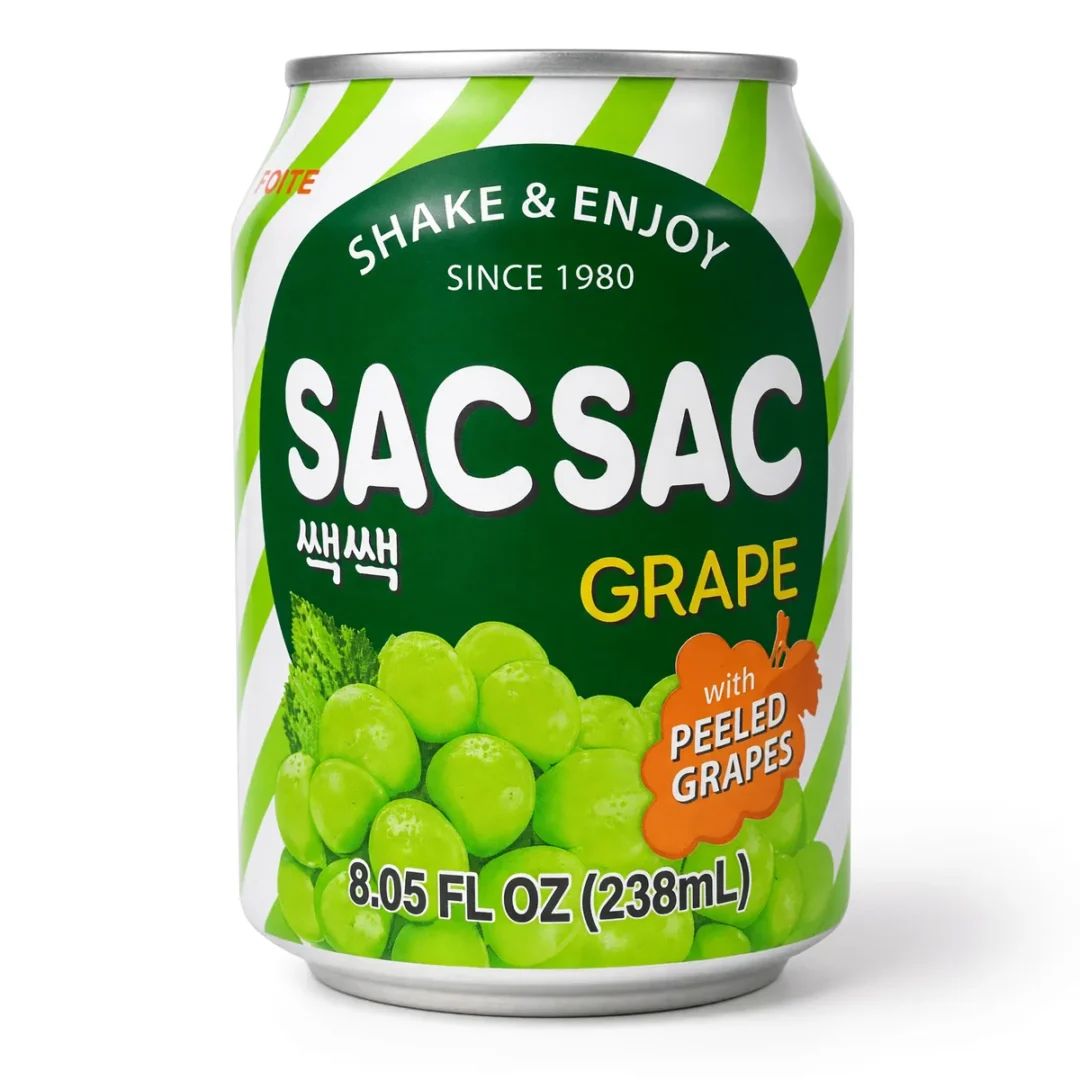 Refresco Sac Sac Lotte Sabor Uva Verde de 238 ml, foto de estúdio recriada por IA a partir de foto real