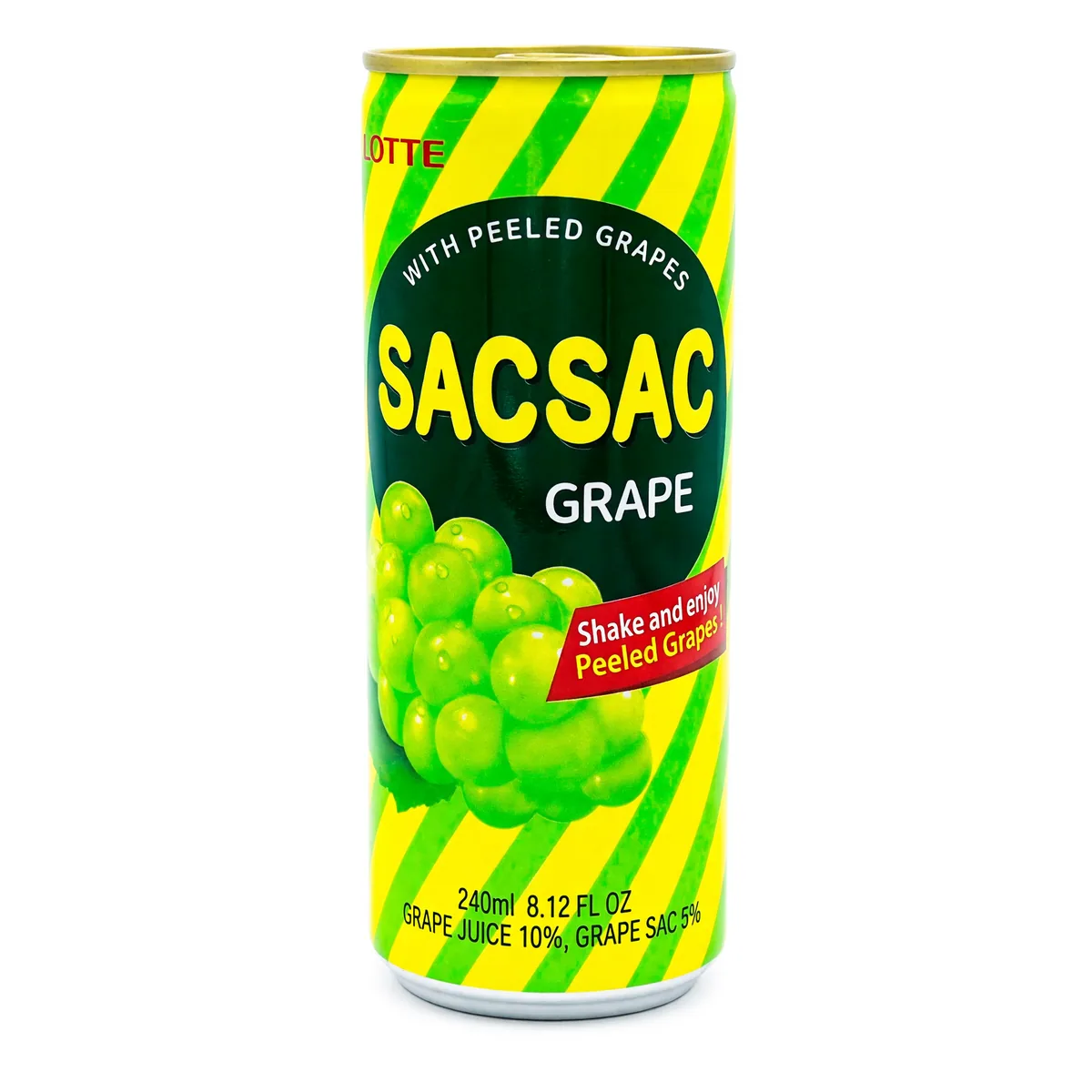 Refresco Sac Sac Lotte Sabor Uva Verde de 240 ml, foto de estúdio recriada por IA a partir de foto real
