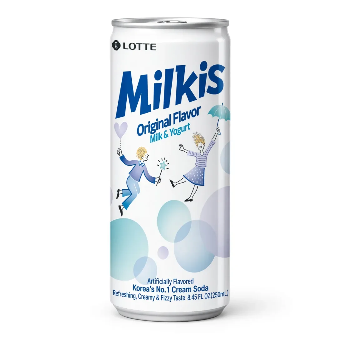 Refrigerante Milkis Lotte Original de 250 ml, foto de estúdio recriada por IA a partir de foto real