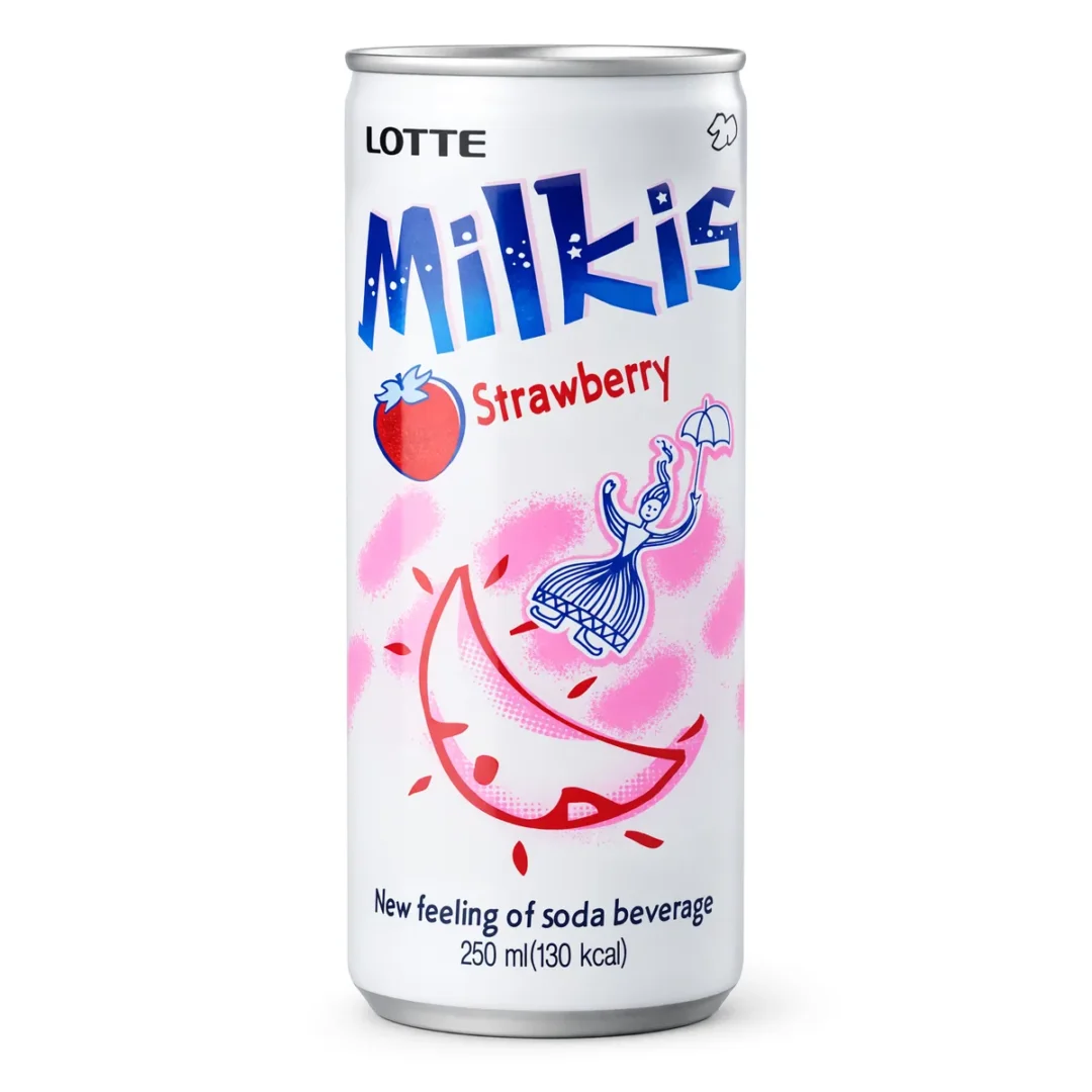 Refrigerante Milkis Lotte Sabor Morango de 250 ml, foto de estúdio recriada por IA a partir de foto real
