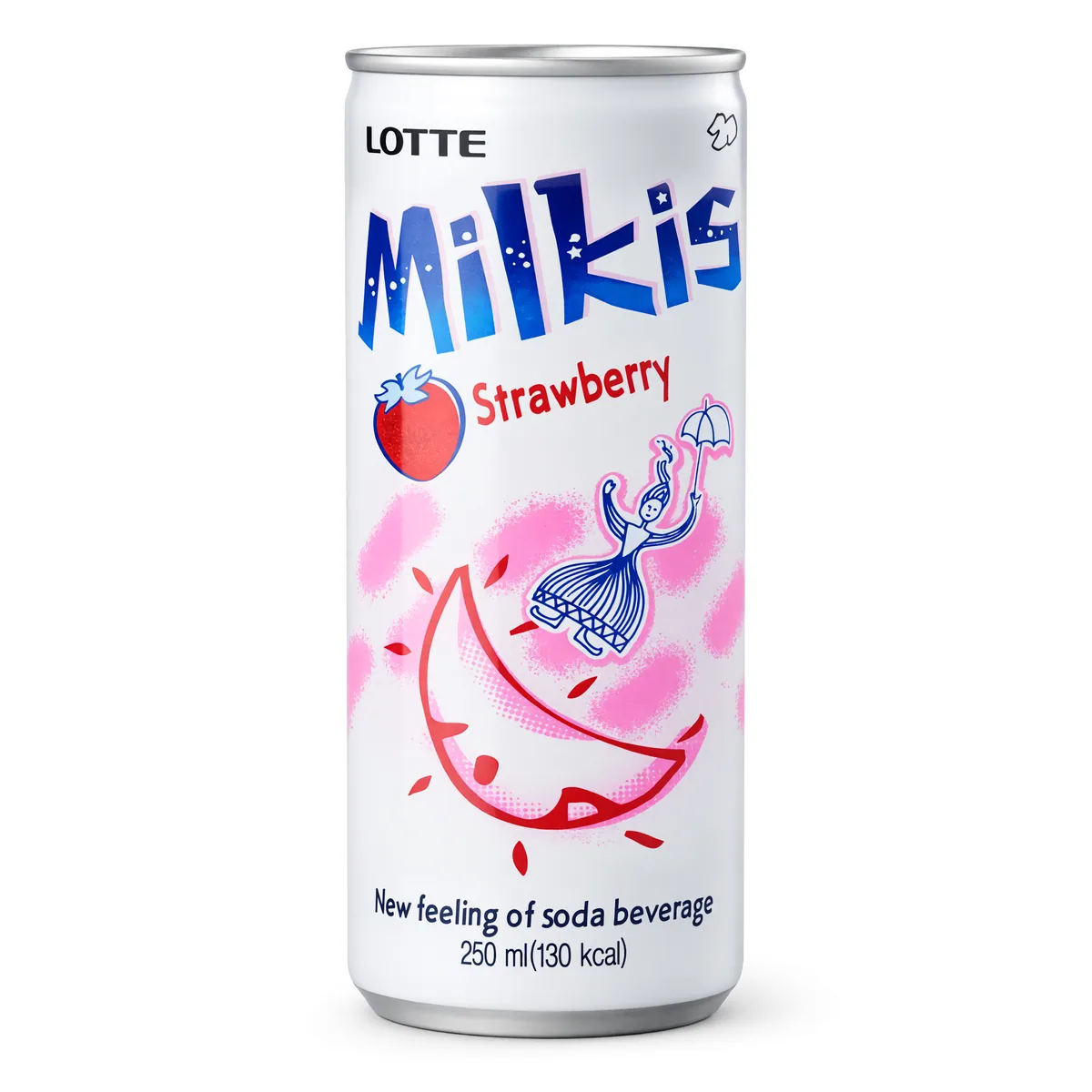 Refrigerante Milkis Lotte Sabor Morango de 250 ml, foto de estúdio recriada por IA a partir de foto real
