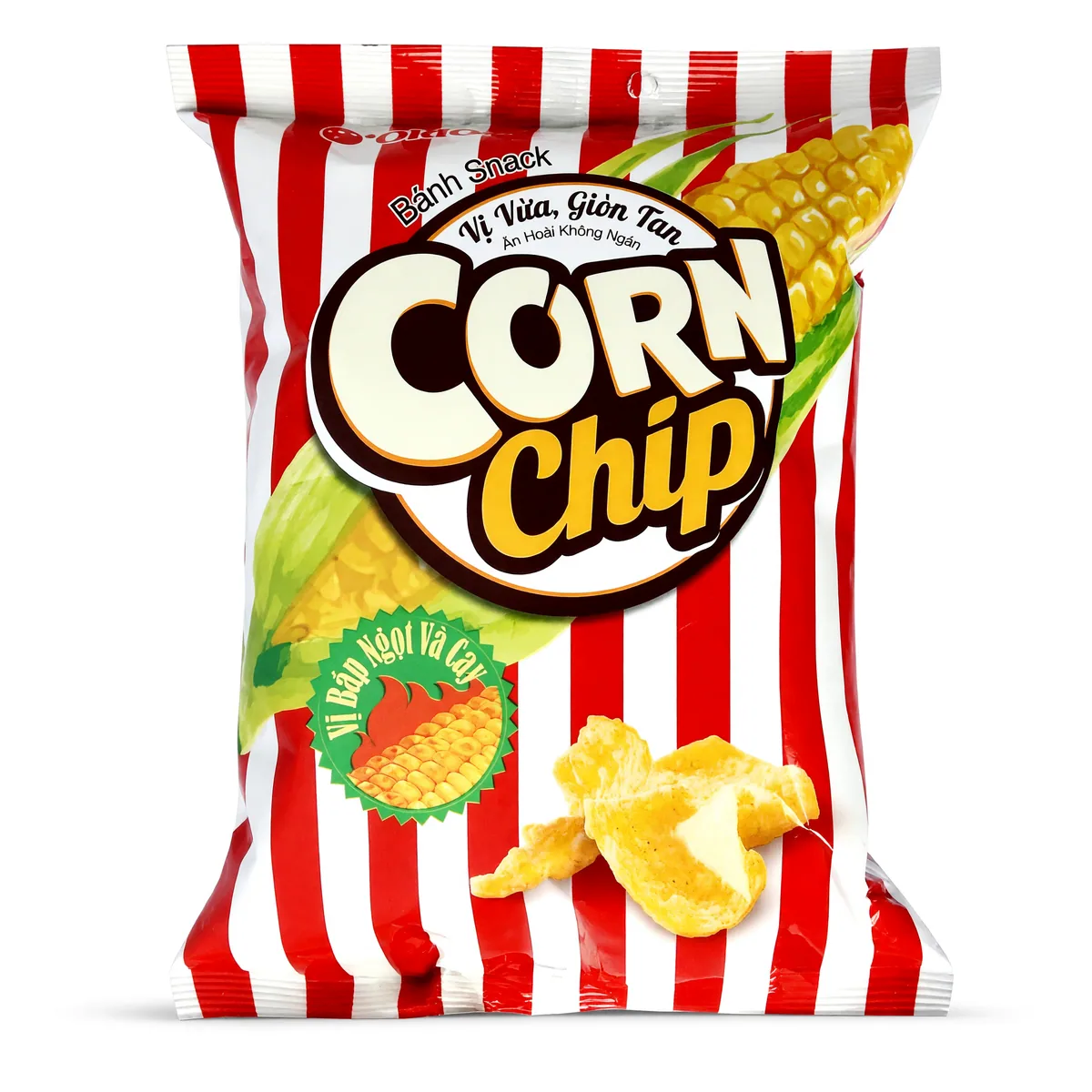 Salgadinho Corn Chip Orion Sabor Milho Agridoce Picante de 35 g, foto de estúdio recriada por IA a partir de foto real