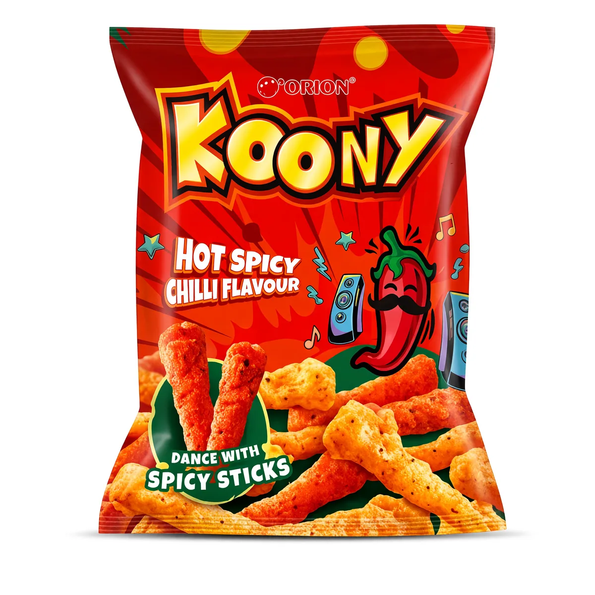Salgadinho Koony Orion Sabor Chili Picante de 40 g, foto de estúdio recriada por IA a partir de foto real