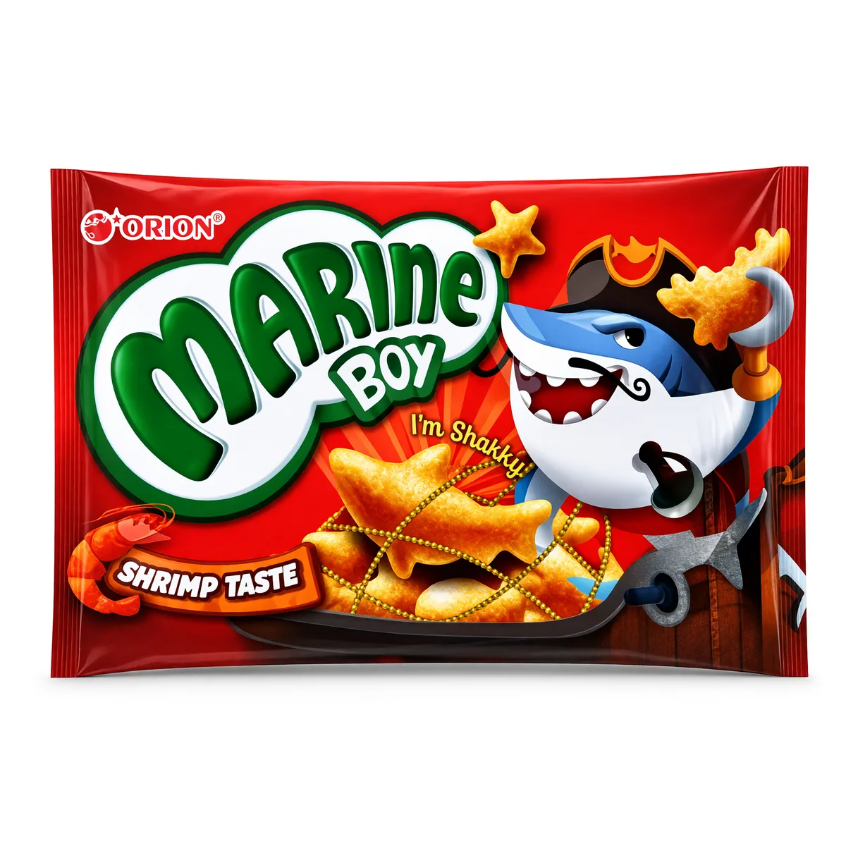 Salgadinho Marine Boy Orion Sabor Camarão de 30 g, foto de estúdio recriada por IA a partir de foto real
