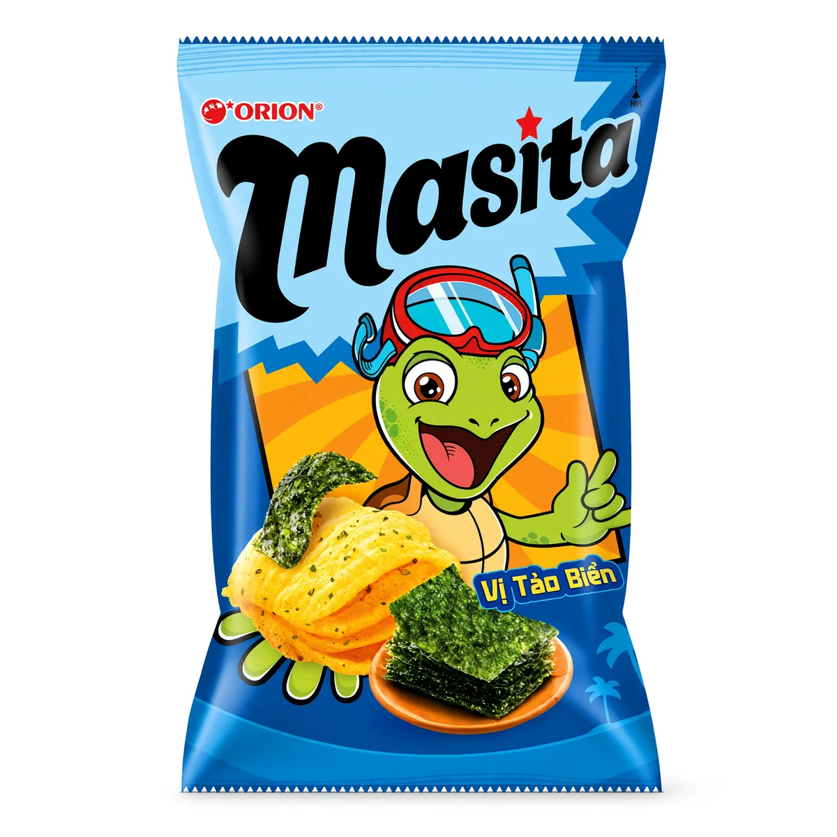 Salgadinho Masita Turtle Chips Orion Sabor Alga Marinha de 60 g, foto de estúdio recriada por IA a partir de foto real