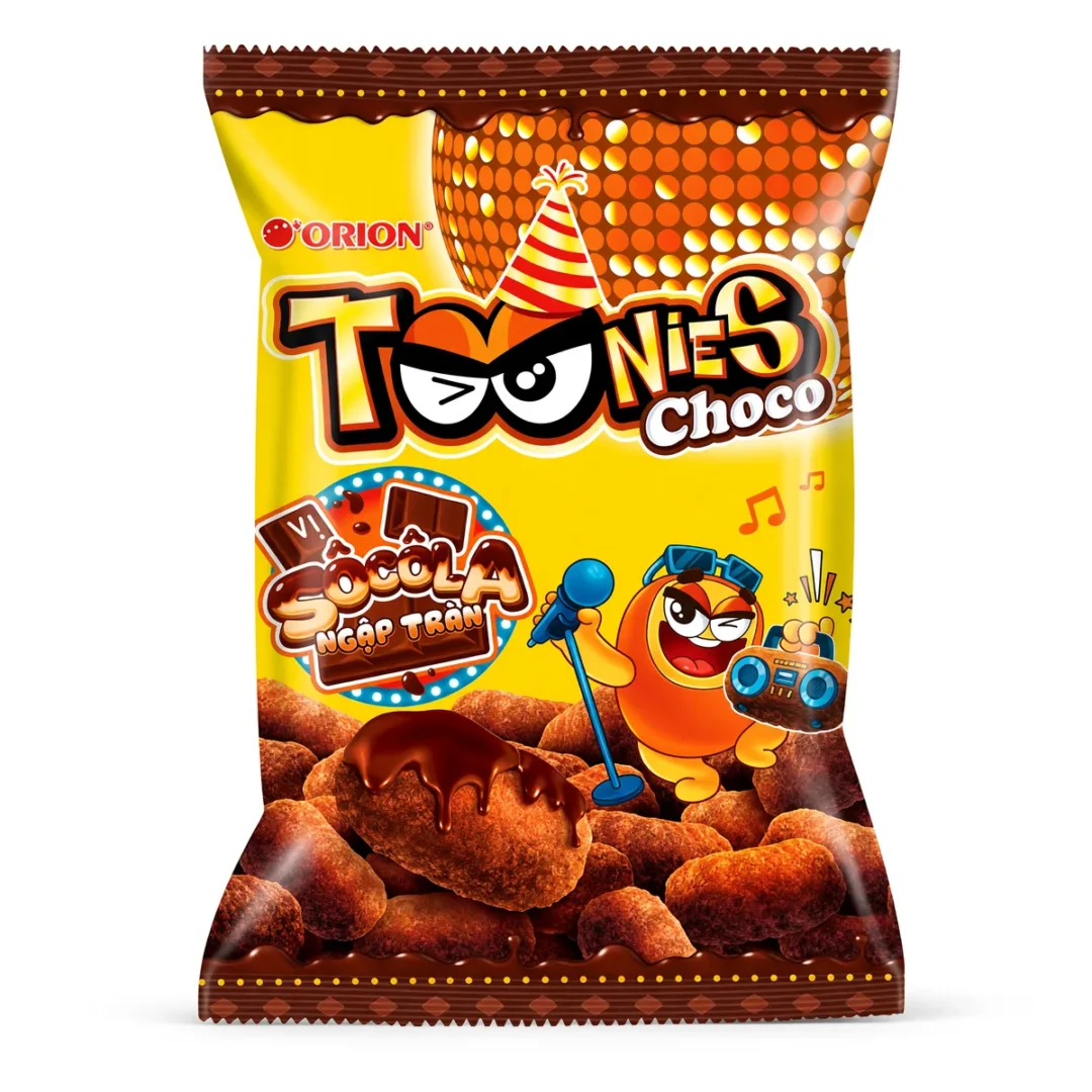 Salgadinho Toonies Orion Sabor Chocolate de 60 g, foto de estúdio recriada por IA a partir de foto real