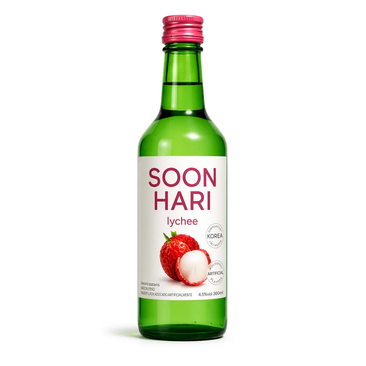 Soju Chum-Churum Lotte Sabor Lichia de 360 ml, foto de estúdio recriada por IA a partir de foto real