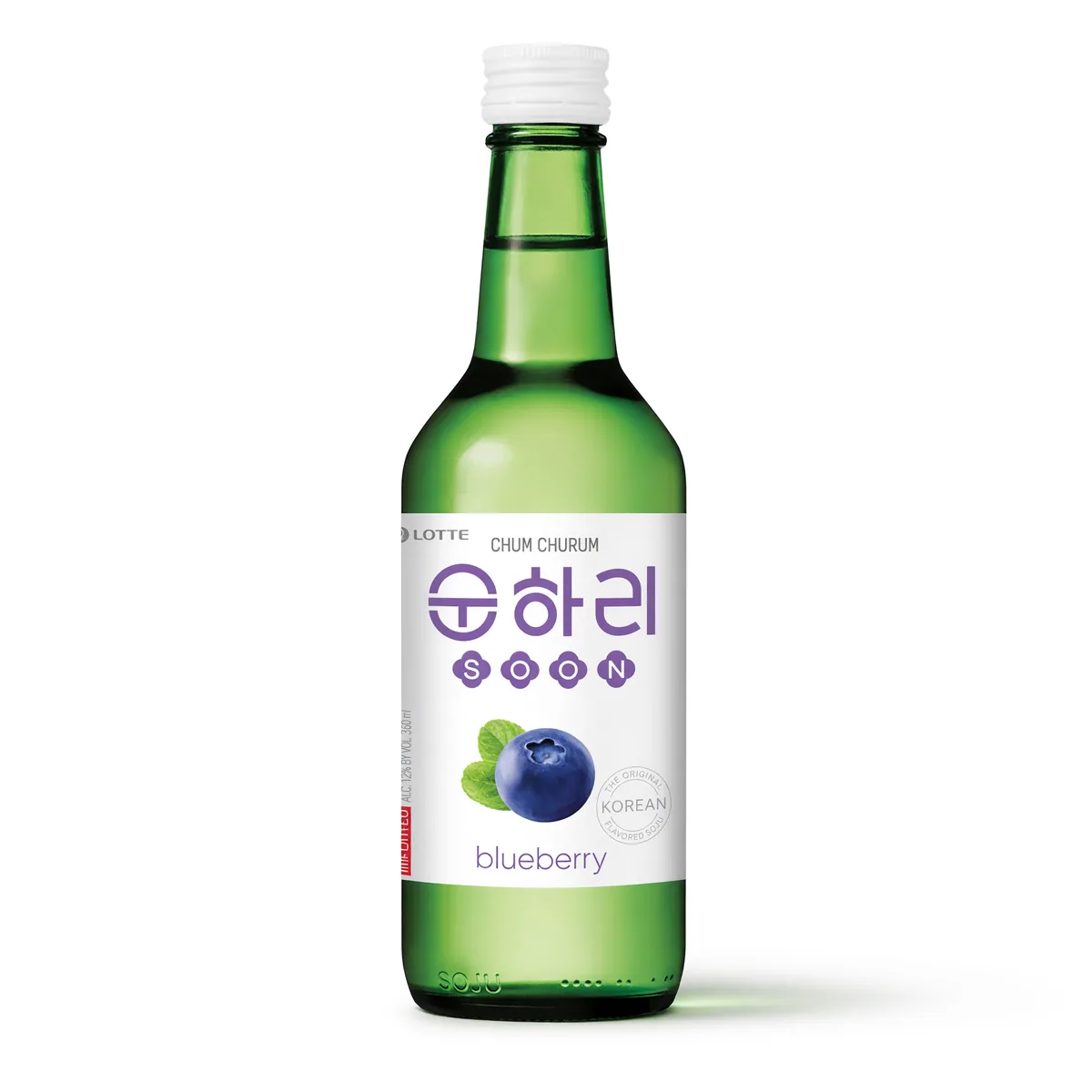 Soju Chum-Churum Lotte Sabor Mirtilo de 360 ml, foto de estúdio recriada por IA a partir de foto real