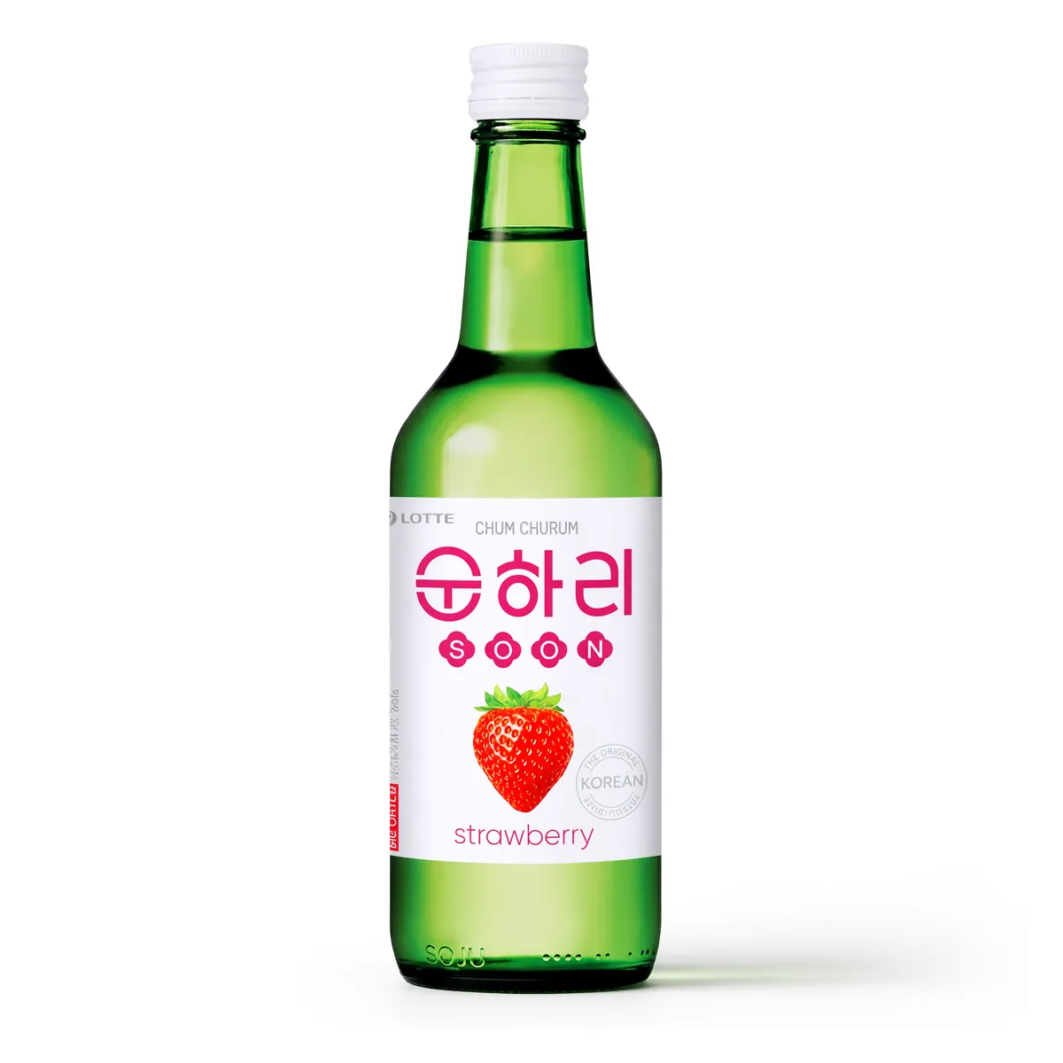 Soju Chum-Churum Lotte Sabor Morango de 360 ml, foto de estúdio recriada por IA a partir de foto real
