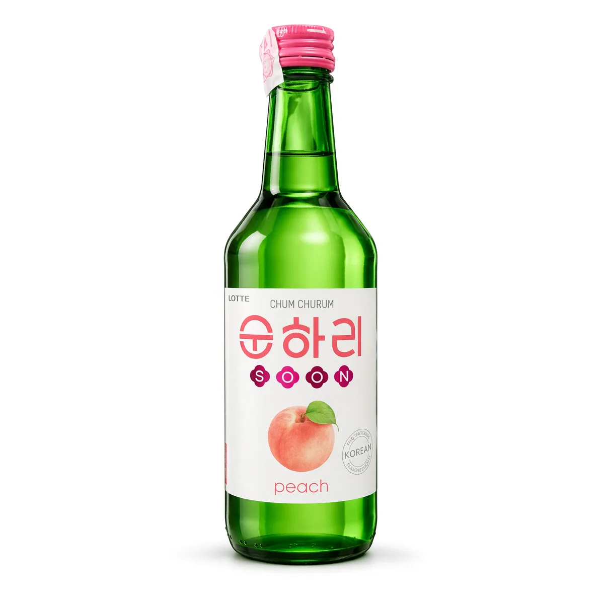 Soju Chum-Churum Lotte Sabor Pêssego de 360 ml, foto de estúdio recriada por IA a partir de foto real