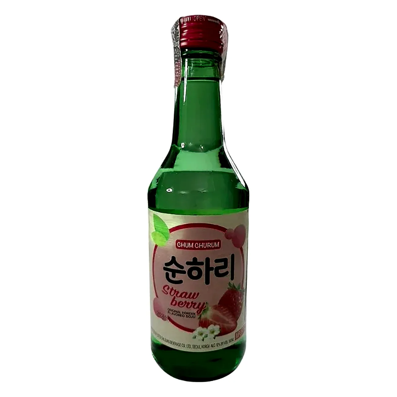 Soju Chum Churum Sabor Morango 360 ml, Vista frontal da garrafa Chum Churum Soonhari sabor morango