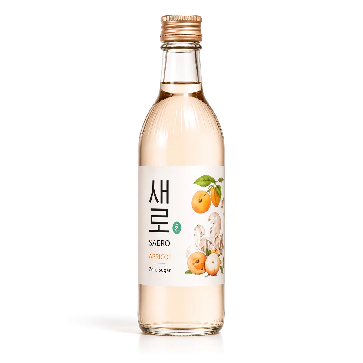 Soju Saero Lotte Sabor Damasco de 360 ml, foto de estúdio recriada por IA a partir de foto real