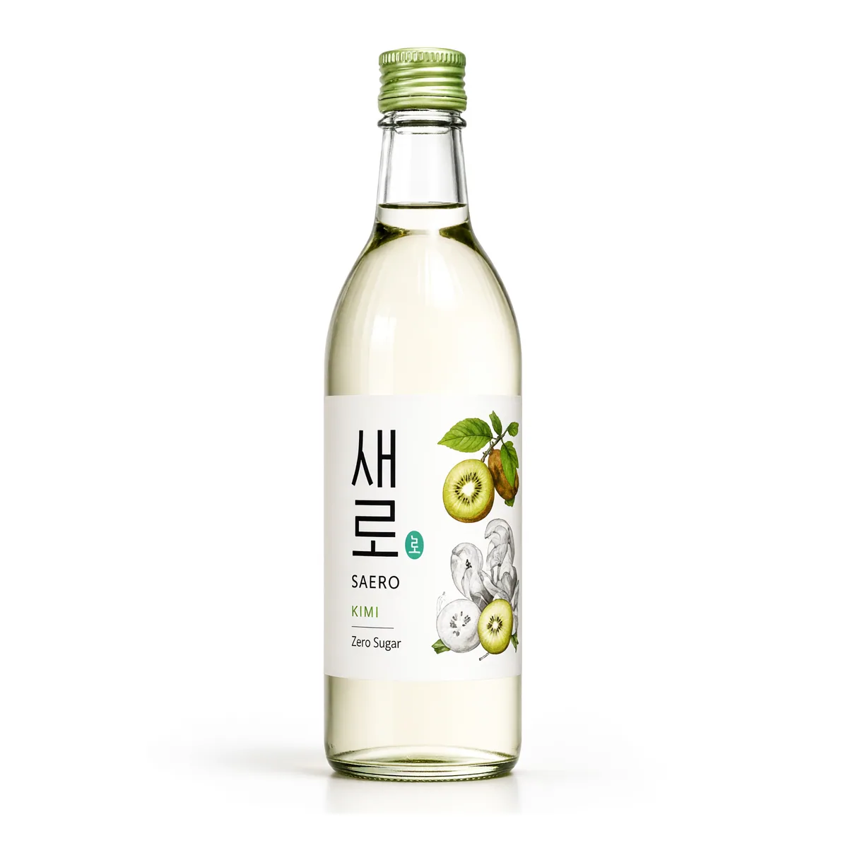 Soju Saero Lotte Sabor Kiwi de 360 ml, foto de estúdio recriada por IA a partir de foto real