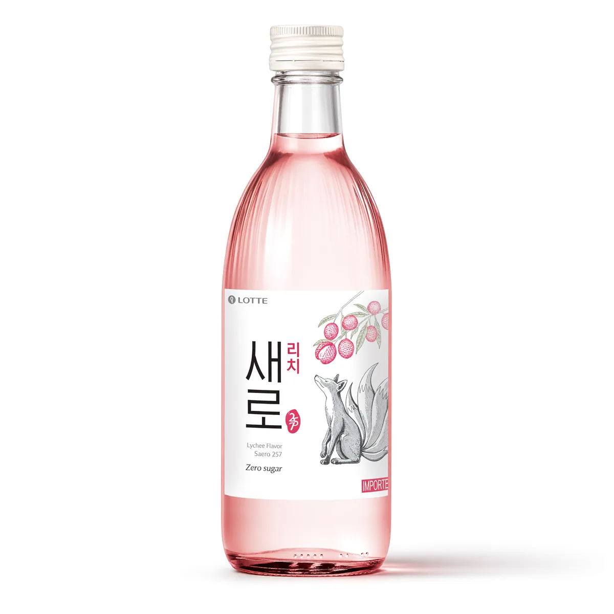 Soju Saero Lotte Sabor Lichia de 360 ml, foto de estúdio recriada por IA a partir de foto real