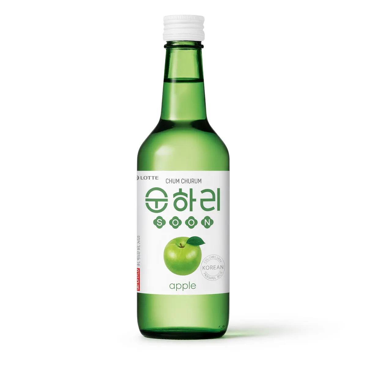 Soju Soonhari Lotte Sabor Maçã Verde de 360 ml, foto de estúdio recriada por IA a partir de foto real